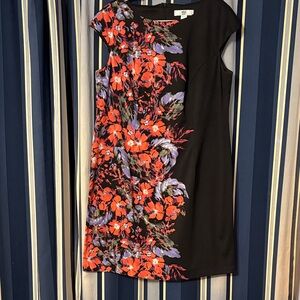 Wisp Woman 16W cap-sleeve dress, black with red and blue flowers on right side